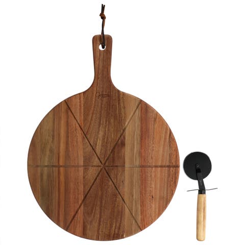 2 Piece Acacia Wood Serving Board and Pizza Cutter Set