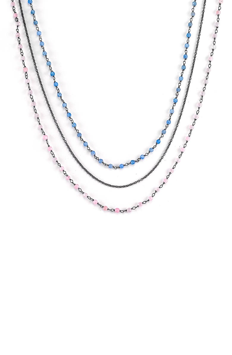 SAMUEL B. Beaded Rose Quartz & Blue Chalcedony Layered Necklace, Main, color, Silver Multi