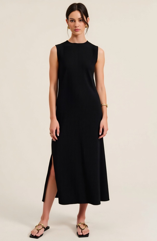 Modenaire Sleeveless Ribbed Knit Midi Dress With Side Slit And Crew Neckline In Black