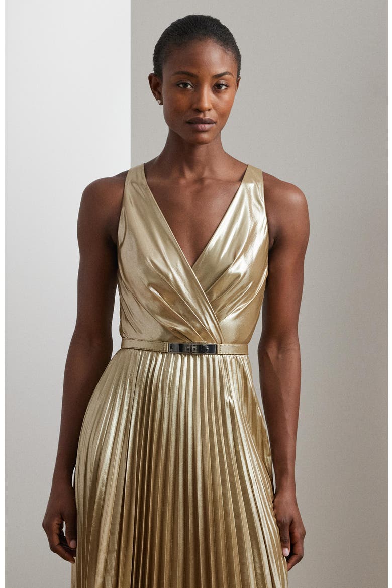 Pleated Metallic Chiffon Gown, Alternate, color, TAN/ LIGHT GOLD FOIL