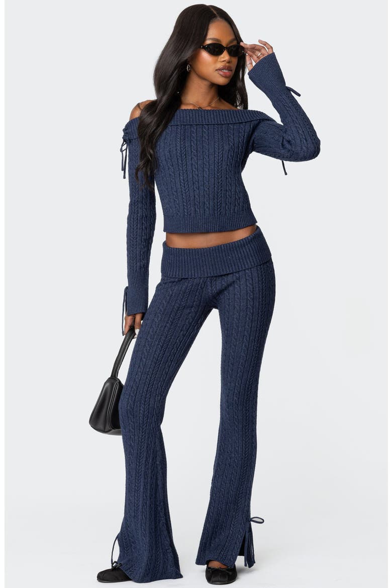 Chase Foldover Bow Trim Cable Knit Pants, Alternate, color, NAVY