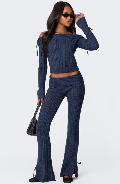 Edikted Chase Foldover Bow Trim Cable Knit Pants In Navy