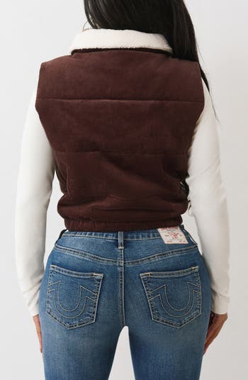 Corduroy Faux Shearling Lined Quilted Puffer Vest