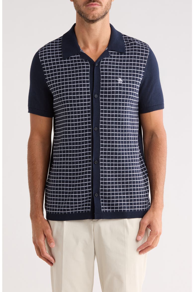 Grid Chainstitched Knit Camp Shirt, Main, color, DARK SAPPHIRE