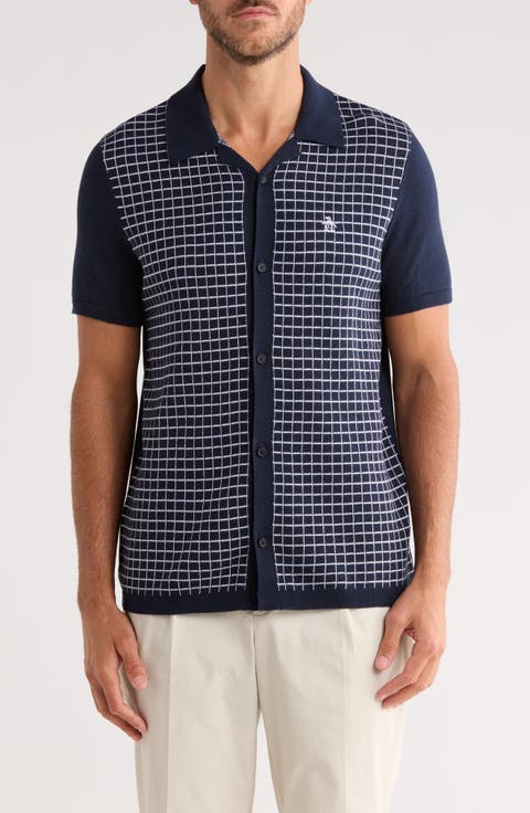Grid Chainstitched Knit Camp Shirt