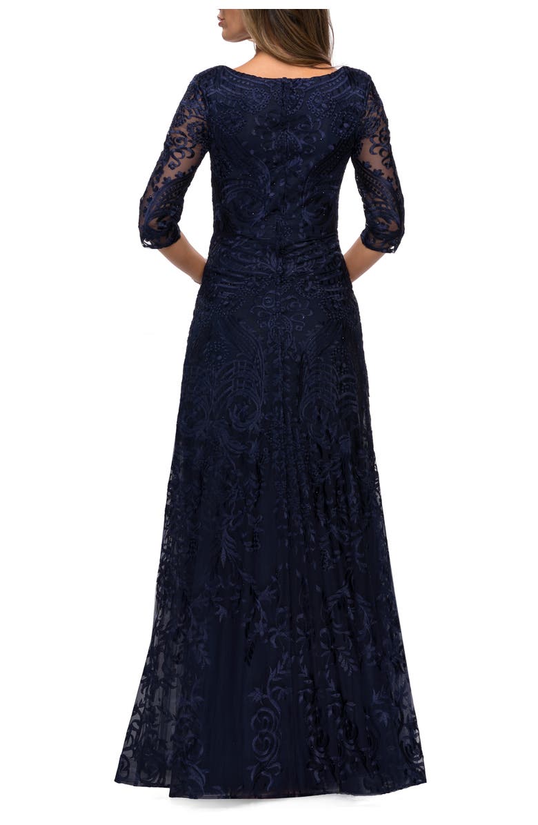 La Femme Embroidered Lace Gown with V Neckline and Flare Skirt, Alternate, color, Navy