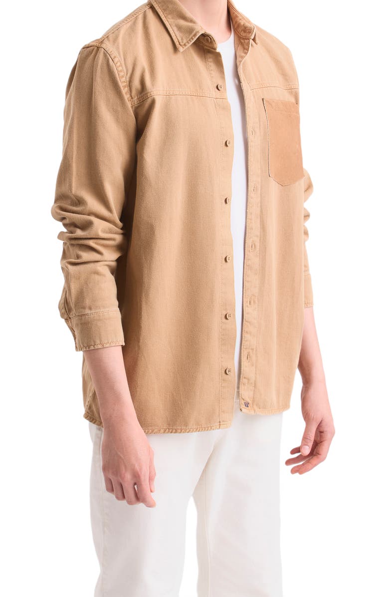 Velez Long-Sleeve Cotton Overshirt With Leather Pocket, Alternate, color, Beige