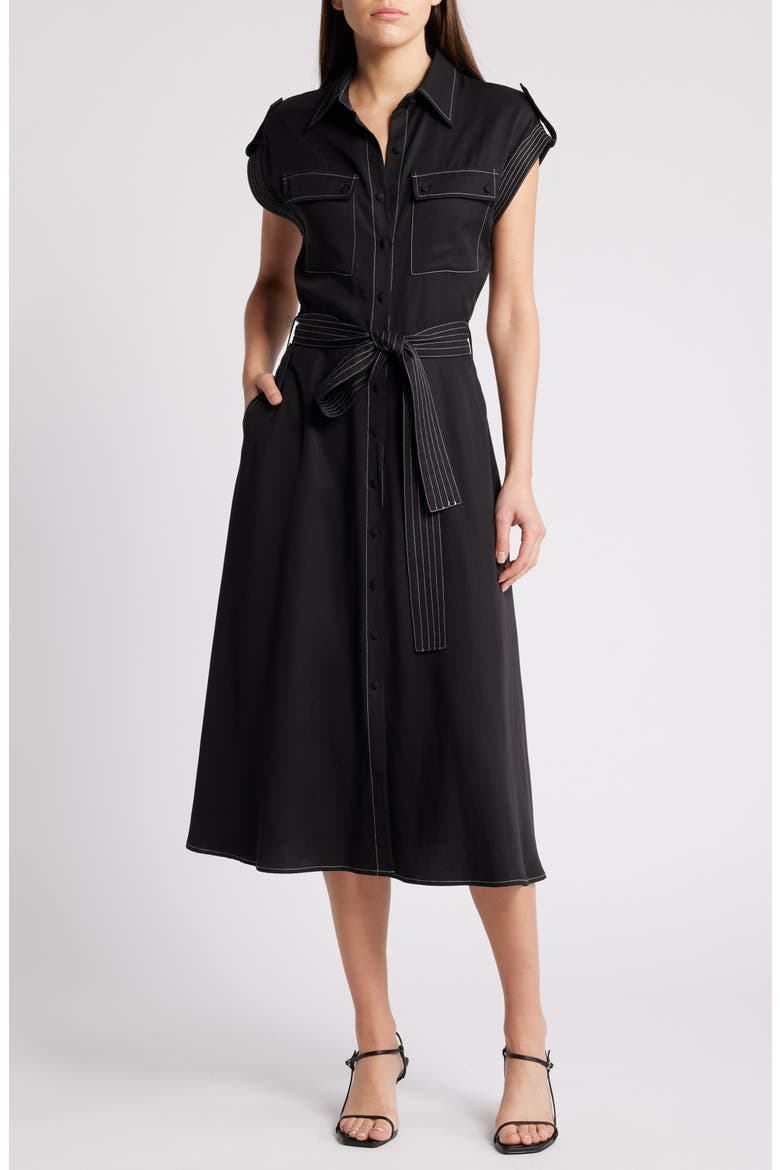 Josette Belted Cap Sleeve Shirtdress, Main, color, BLACK/ WHITE