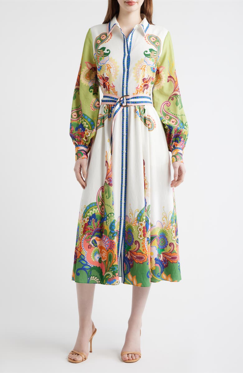 Elie Tahari The Ester Belt Long Sleeve Shirtdress, Main, color, Celestial Paisley