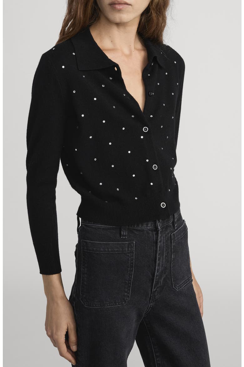 The Rhinestone Collared Wool & Cashmere Cardigan, Alternate, color, BLACK