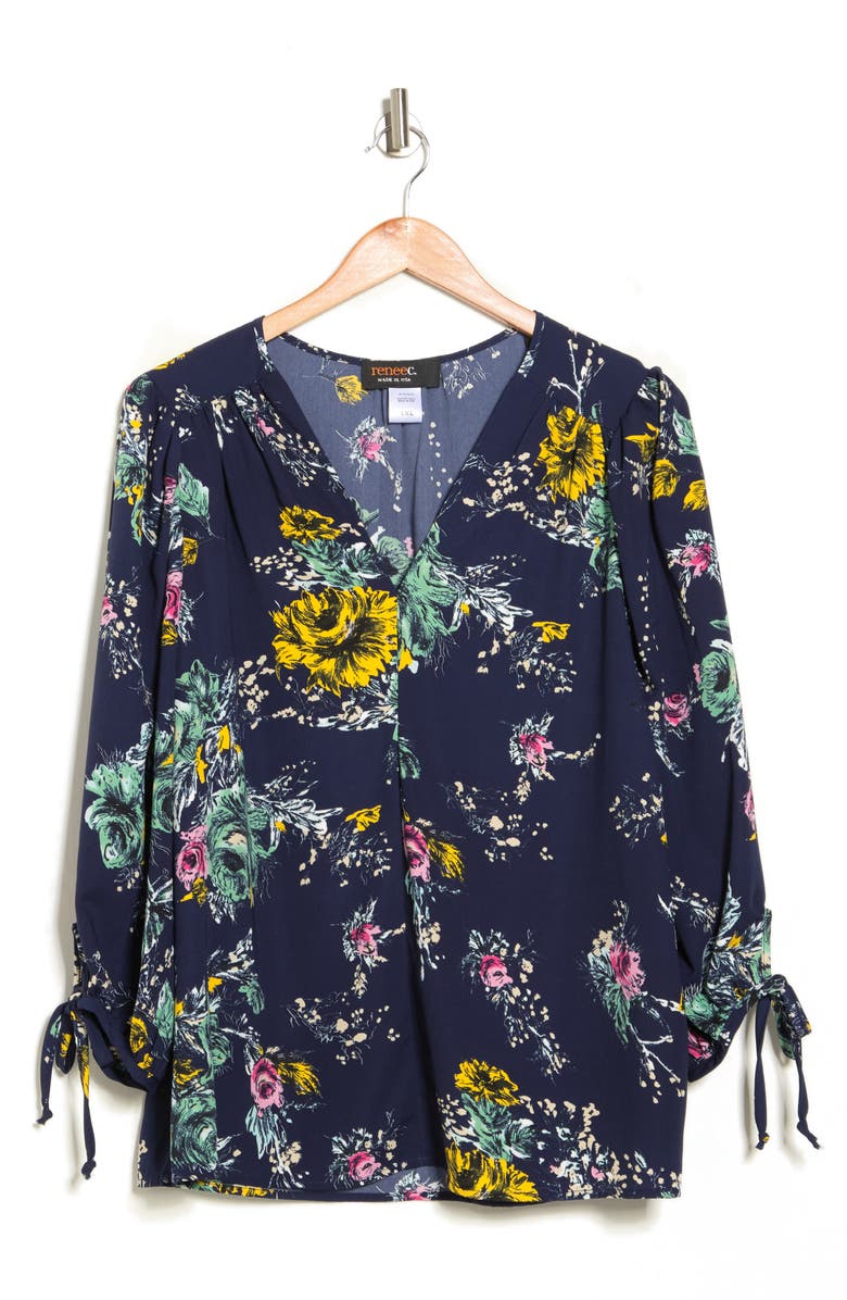 Renee C Floral Print Tie Cuff Blouse, Alternate, color, Navy