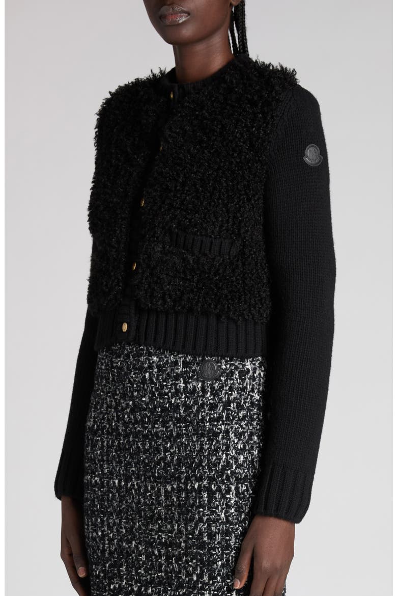 Faux Shearling & Quilted Down Cardigan, Alternate, color, BLACK