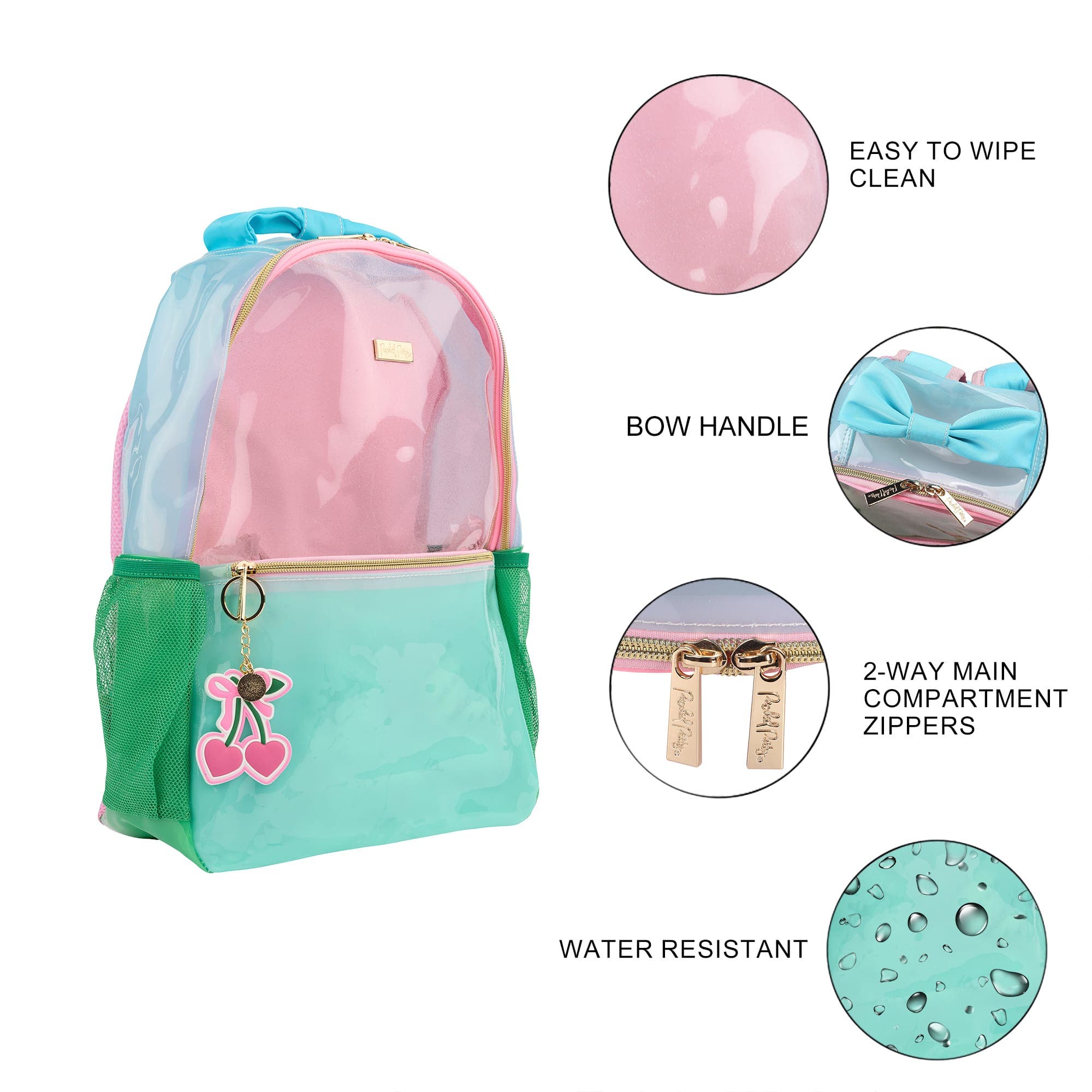Colorblock Clear Backpack by Packed Party | Pink Glitter Panel, Blue Bow, Cherry Bag Charm | 17" Cute Backpack for Girls, Alternate, color, Multicolor