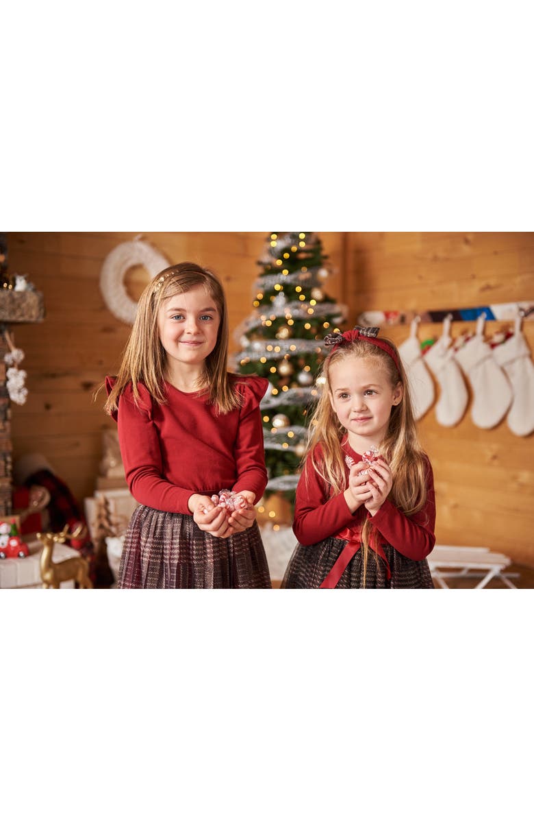Deux par Deux Girl's Headband With Glittering Tulle Bow Red Plaid, Alternate, color, Jester Red