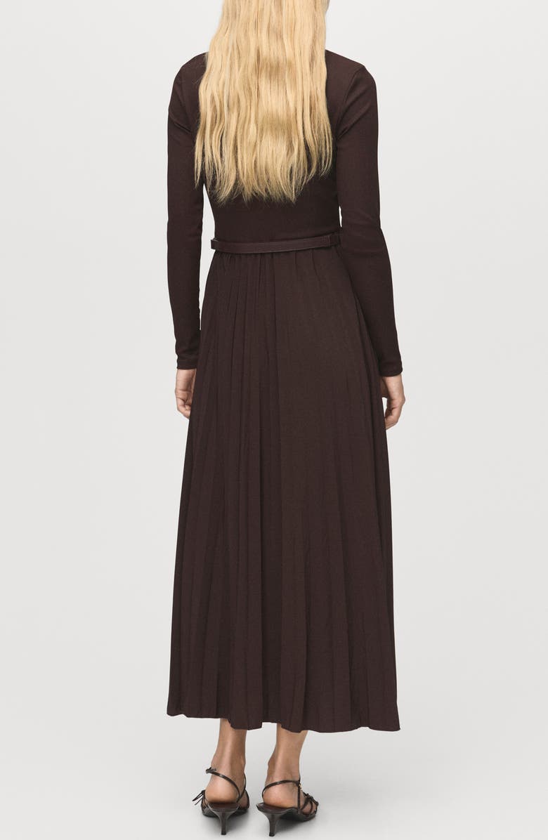 MANGO Pleated Belted Maxi Dress, Alternate, color, Chocolate