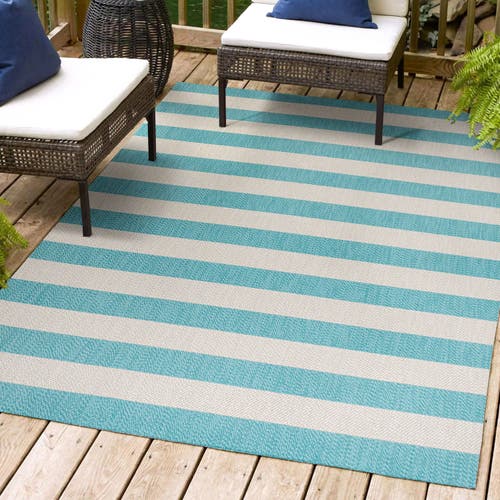 Jonathan Y Negril Two-tone Wide Stripe Indoor/outdoor Area Rug In Aqua/cream