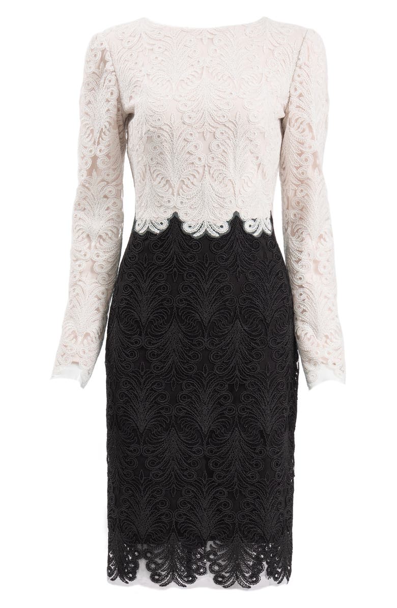 Tadashi Shoji Colorblock Long Sleeve Corded Lace Cocktail Dress, Alternate, color, Ivory/ Black
