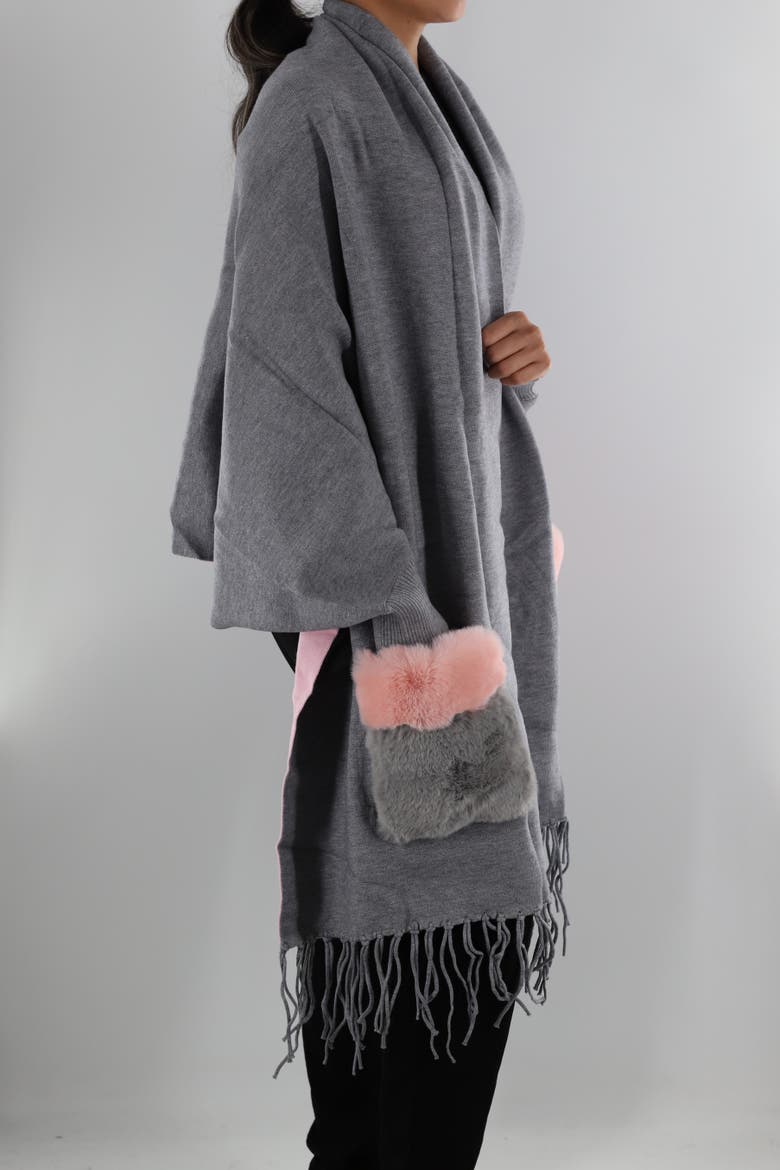 Wrap with Faux Fur Pockets, Alternate, color, Grey/Pink