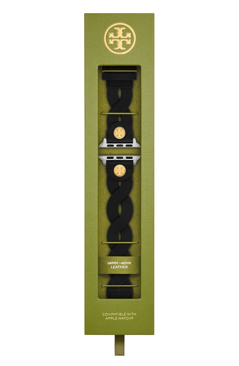 Tory Burch Braided Leather 20mm Apple Watch<sup>®</sup> Watchband, Alternate, color, Black