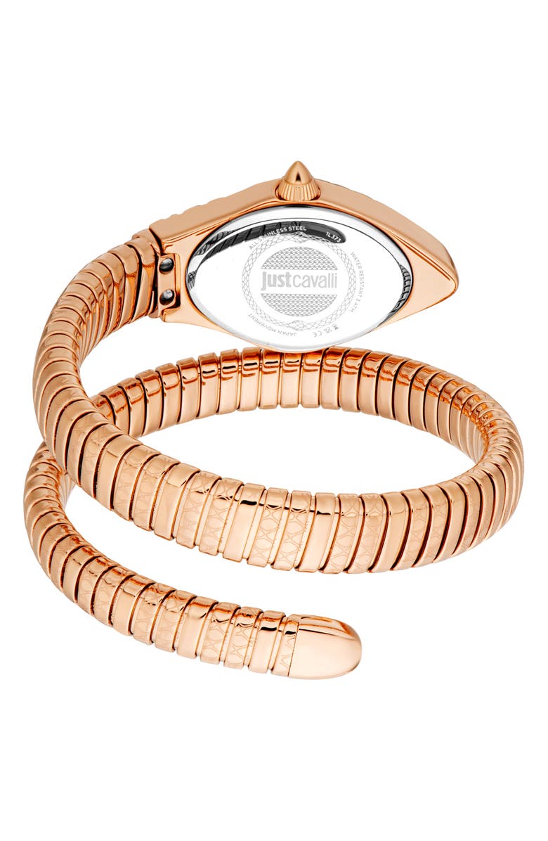 Just Cavalli Snake Rose Gold Tone Wraparound Bracelet Watch, 20mm x 34.5mm, Alternate, color, Rose Gold
