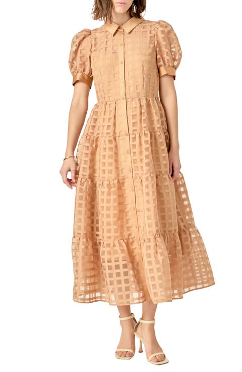 Grid Pattern Tiered Midi Shirtdress