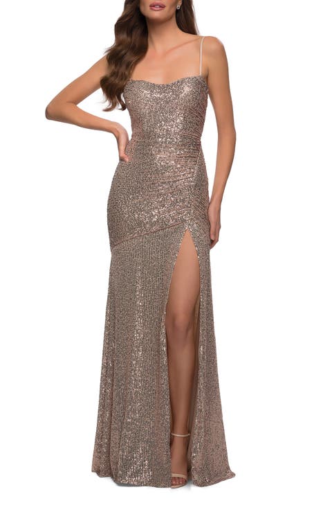 Lace Up Back Sequin Gown with Flare Skirt
