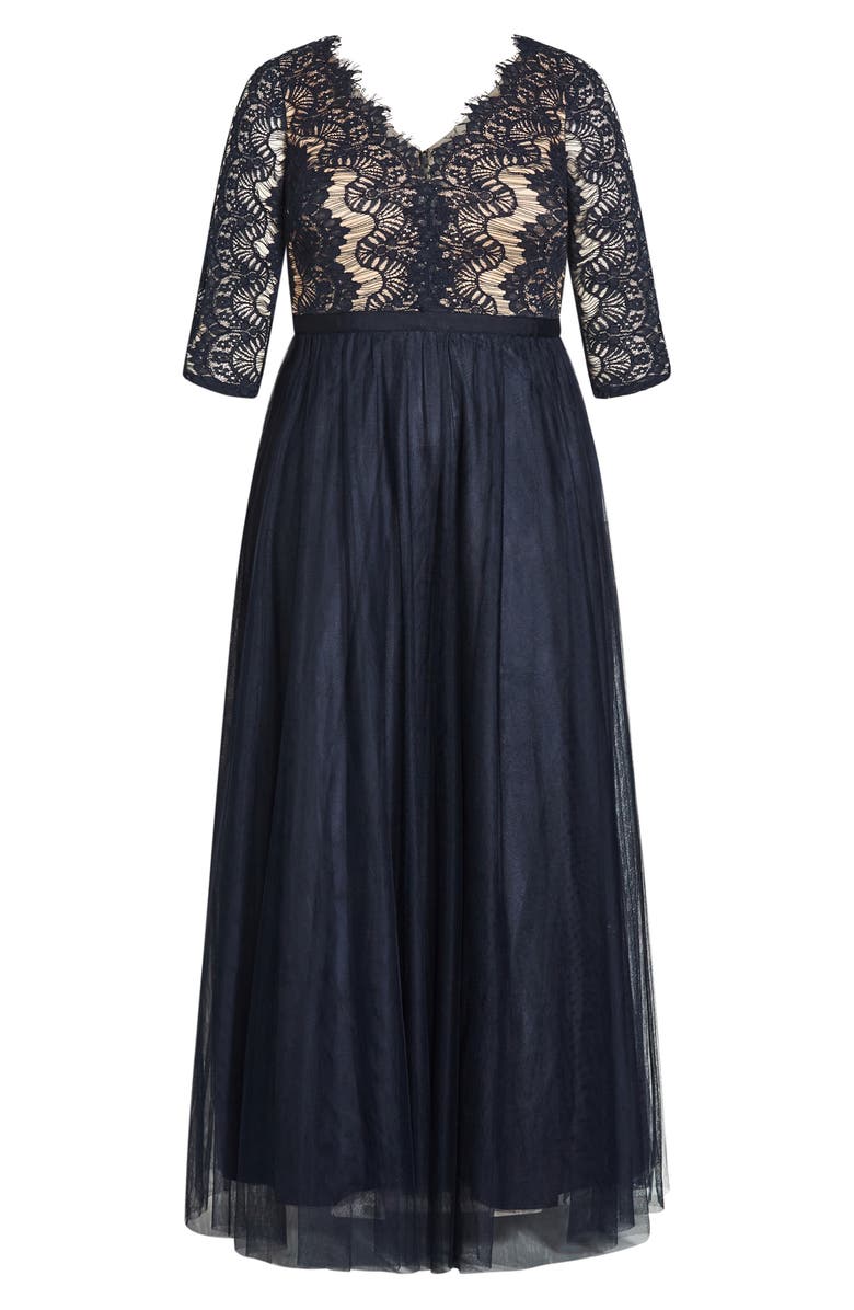 City Chic V-Neck Lace & Tulle Gown, Alternate, color, 