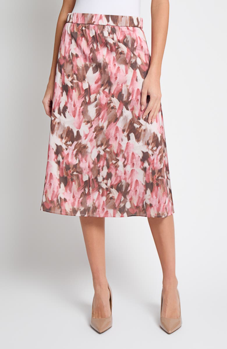 Misook Brushstroke Print Crêpe de Chine Midi Skirt, Main, color, Honey Suckle/ Charmeuse/ Multi