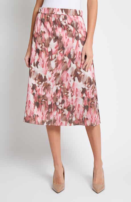 Misook Brushstroke Print Crêpe de Chine Midi Skirt