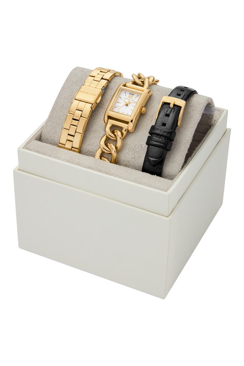 Monroe Rectangular Bracelet Watch and Interchangeable Straps Set, Alternate, color, GOLD