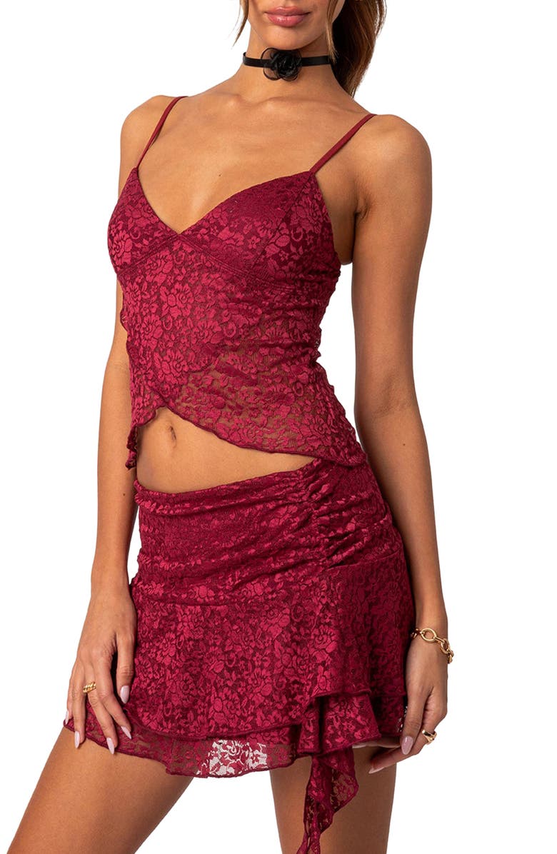 EDIKTED Ruby Sheer Lace Crop Camisole, Alternate, color, Burgundy