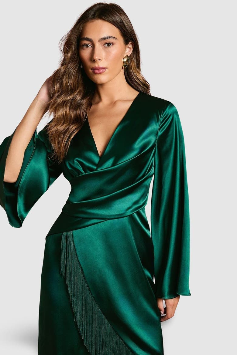 Satin Fringe Hem Wrap Waist Midi Dress, Alternate, color, Emerald