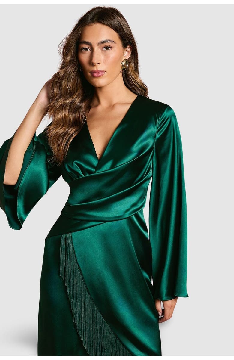 Coast Satin Fringe Hem Wrap Waist Midi Dress, Alternate, color, Emerald
