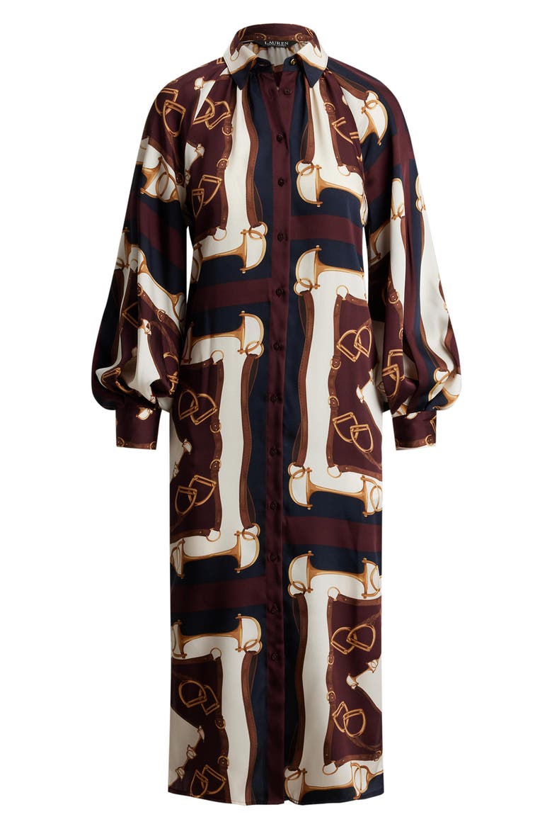 Equestrian Print Long Sleeve Twill Midi Shirtdress, Alternate, color, BROWN/ NAVY/ CREAM MULTI
