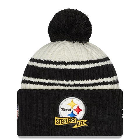 Men's New Era Cream/Black Pittsburgh Steelers 2022 Sideline Sport Cuffed Pom Knit Hat