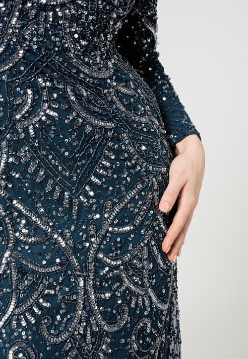 Shop Maryisa Occasion Modest Embellished Sequin Beaded High Neck Evening Maxi Dress In Navy