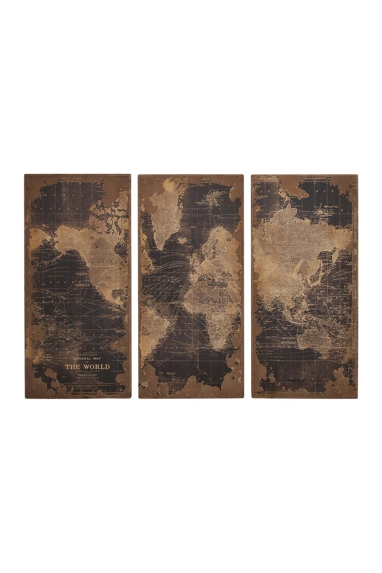 Black World Map Wall Decor - Set of 3, Main, color, BLACK