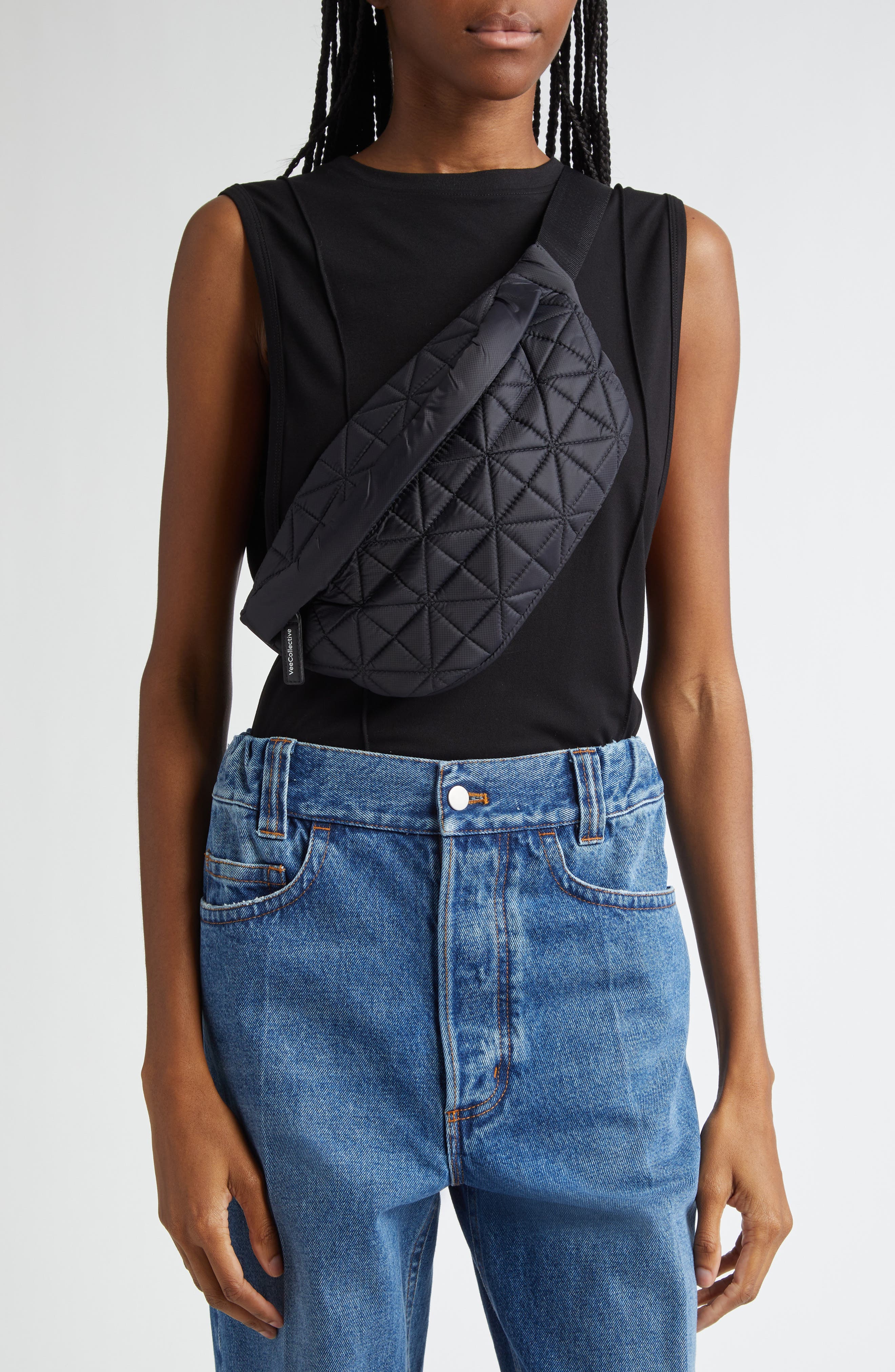 VeeCollective Vee Water Repellent Quilted Nylon Belt Bag, Alternate, color, Black