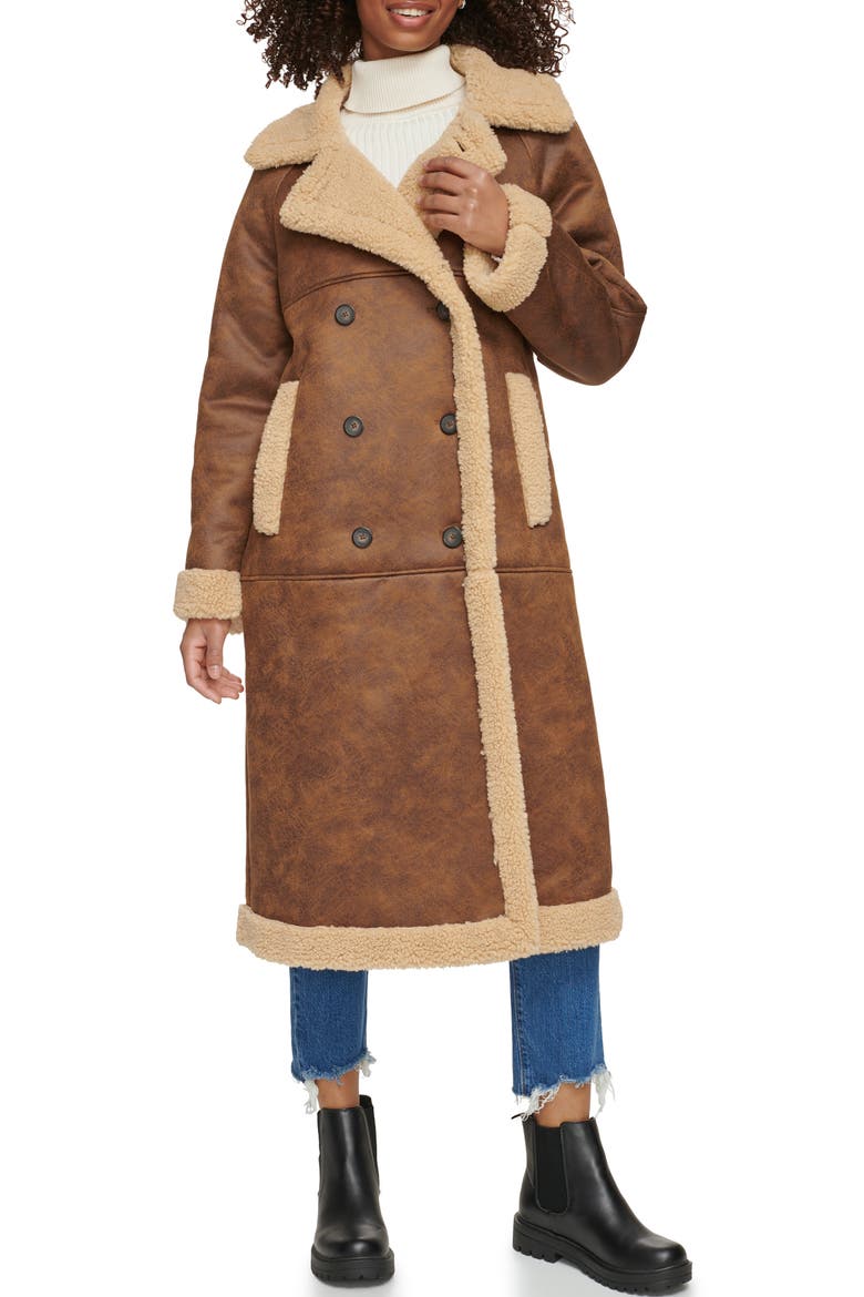 Notch Collar Faux Shearling Coat, Main, color, BROWN/ SESAME