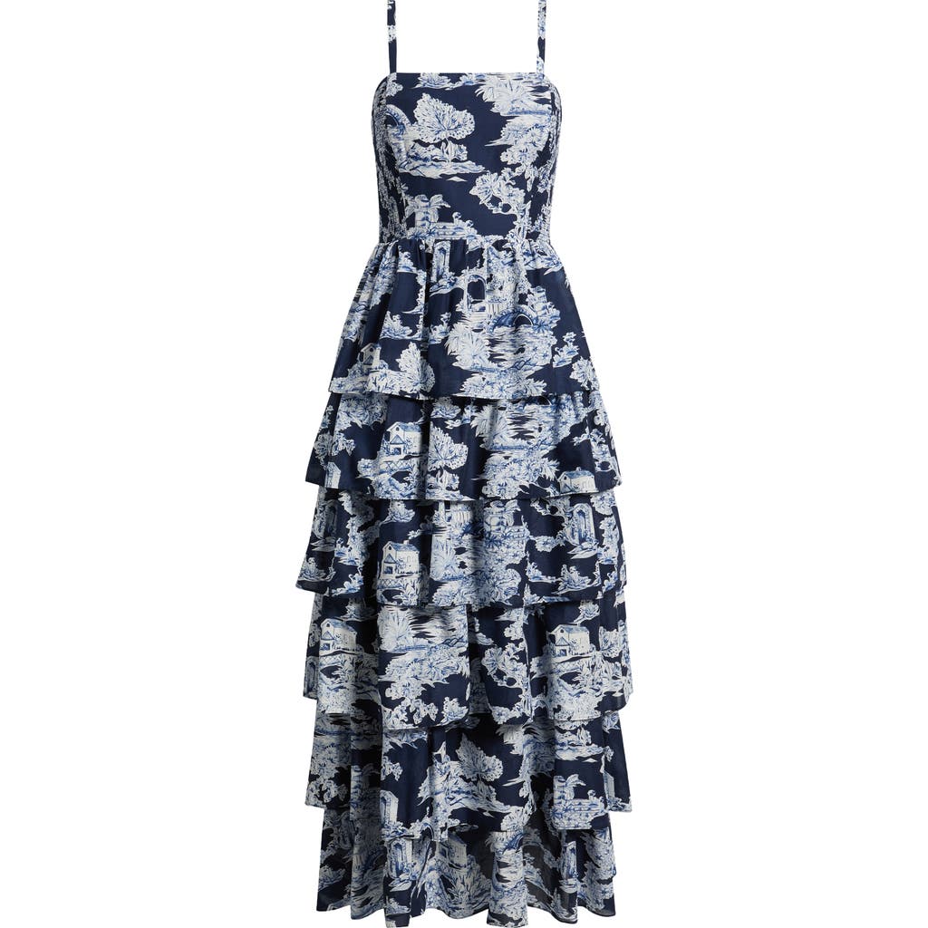 Eliza J Mixed Print Tiered Cotton Maxi Dress In Blue