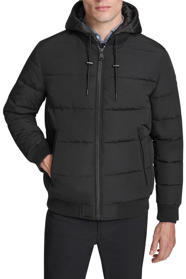 Oxford Hooded Quilted Bomber Jacket, Main, color, BLACK