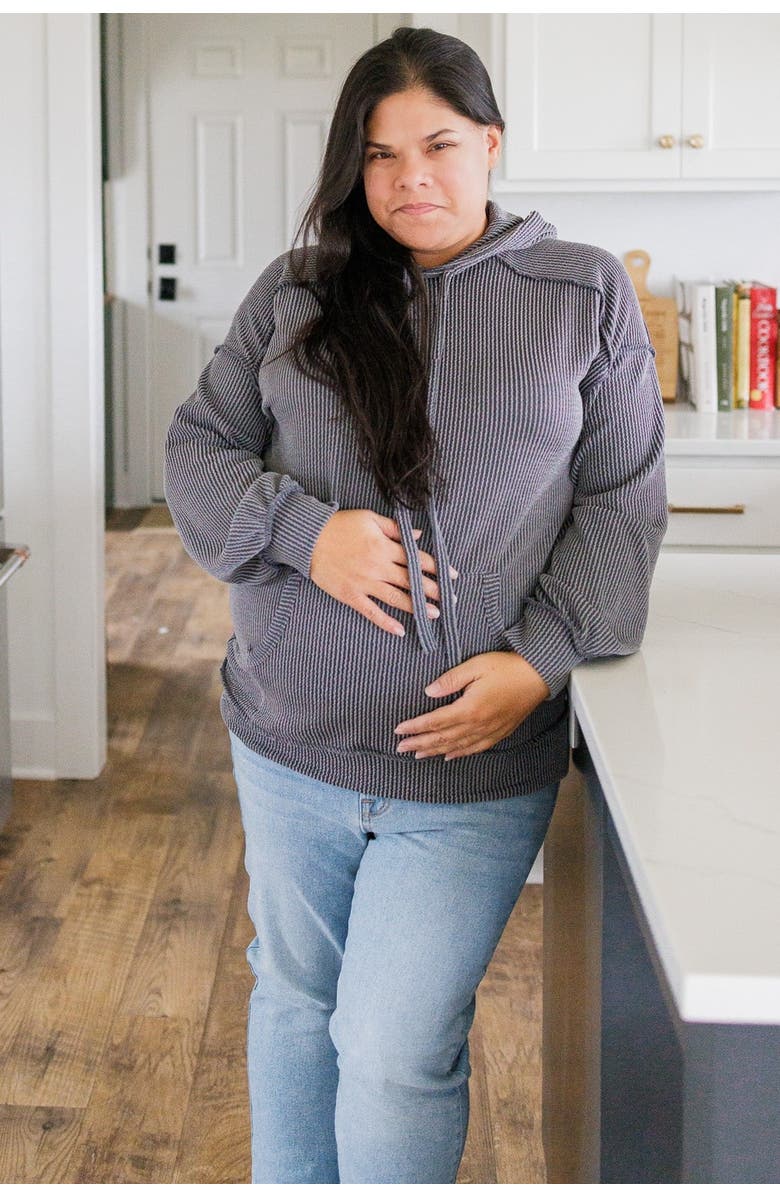 PinkBlush Ribbed Front Pocket Drawstring Hoodie, Alternate, color, Charcoal Grey