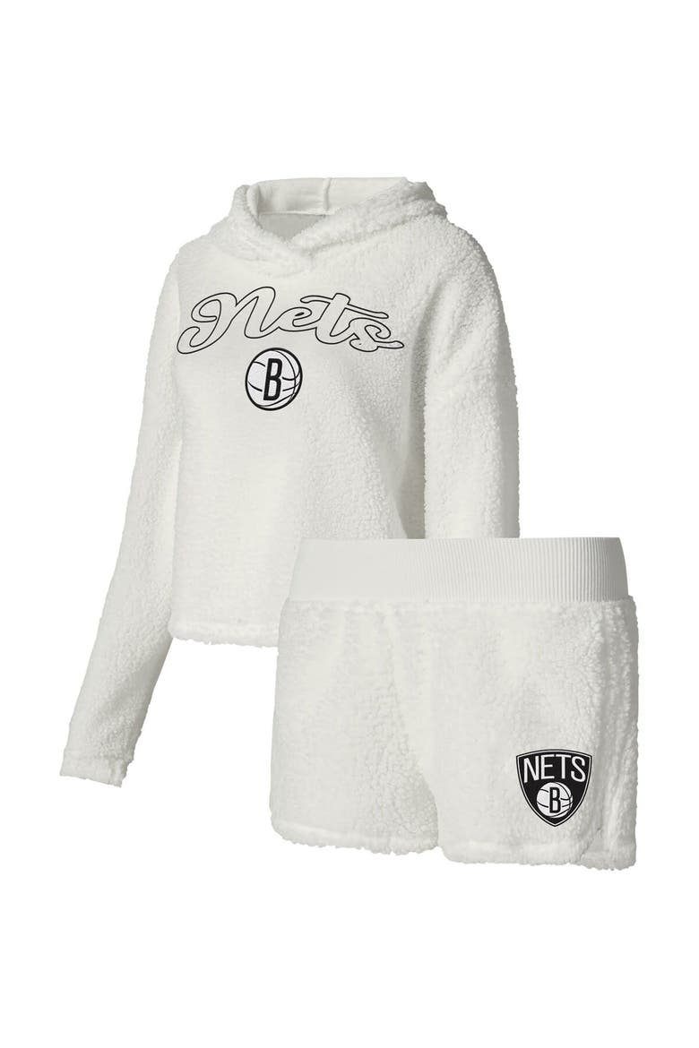 Women's College Concepts Cream Brooklyn Nets Fluffy Long Sleeve Hoodie T-Shirt & Shorts Sleep Set, Main, color, Cream