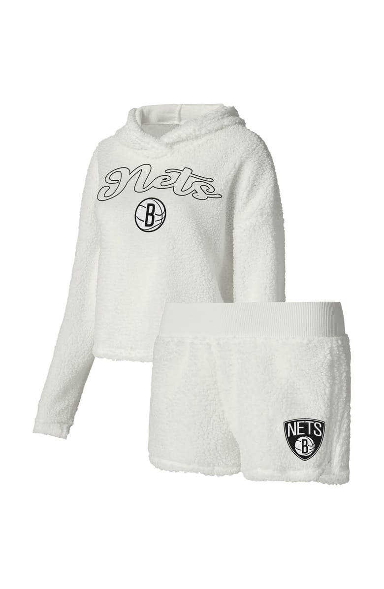College Concepts Women's College Concepts Cream Brooklyn Nets Fluffy Long Sleeve Hoodie T-Shirt & Shorts Sleep Set, Main, color, White