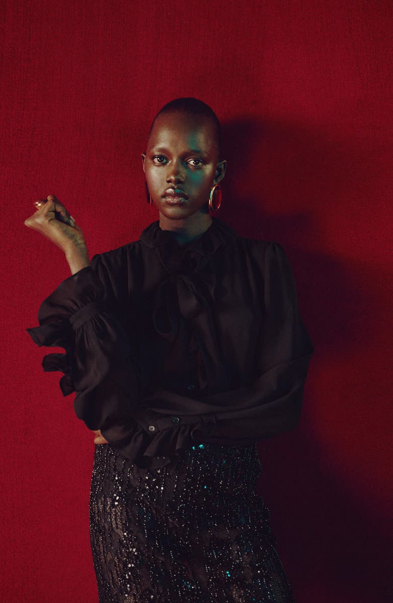 MANGO Ruffle Front Button Top, Alternate, color, Black