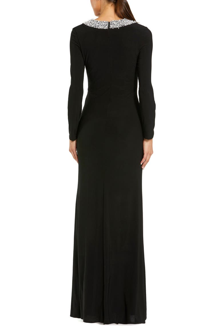 Jersey Long Sleeve Fitted Gown With Beaded Neck, Alternate, color, Black