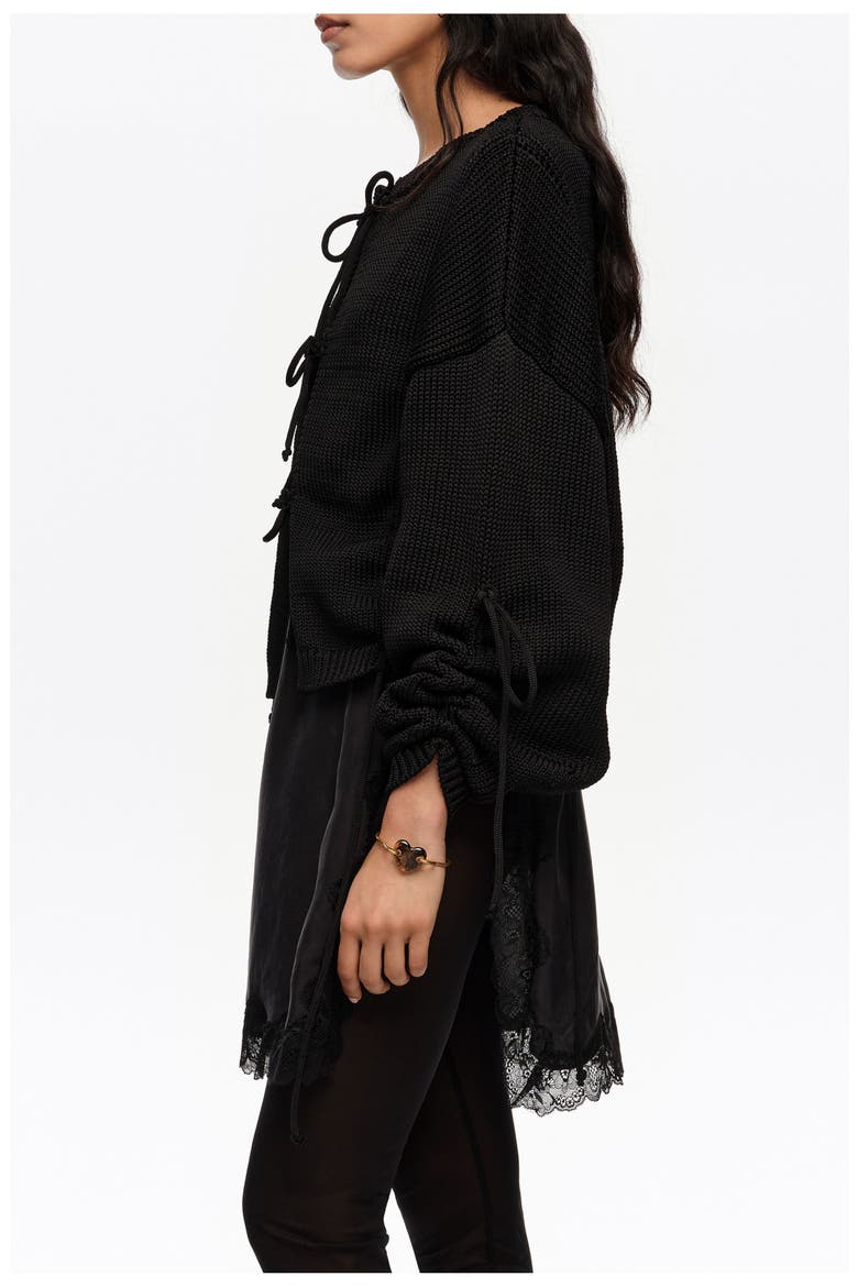Ruched Tie Cardigan, Alternate, color, BLACK