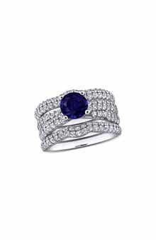 DELMAR Set of 3 Sterling Silver Lab Grown Blue Sapphire & White Sapphire Stackable Rings