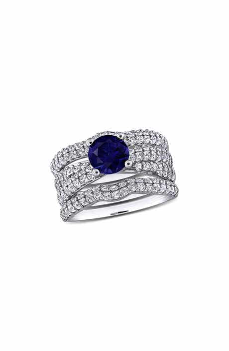 DELMAR Set of 3 Sterling Silver Lab Grown Blue Sapphire & White Sapphire Stackable Rings