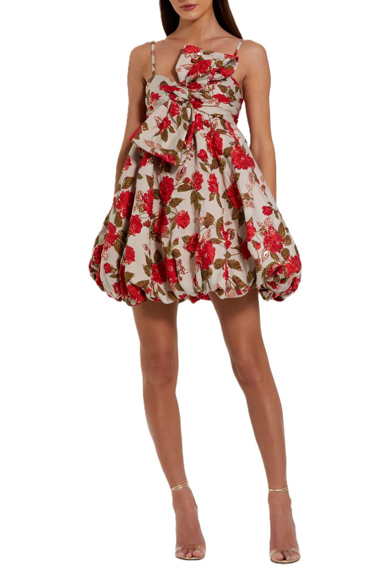 Brocade Thin Strap Puff Mini Dress With Bow, Main, color, White Multi